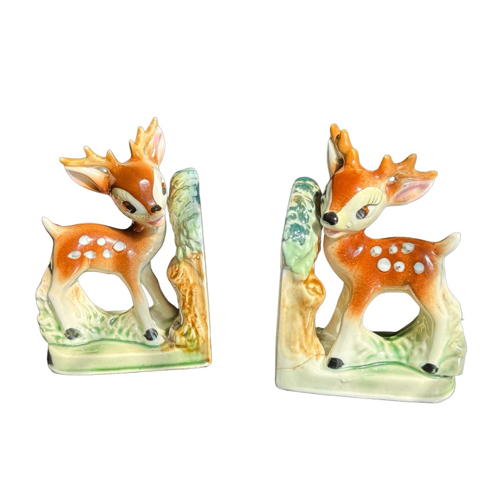Vintage Hand-Painted Ceramic Bambi Deer Bookend Japan Set